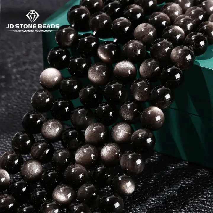 7A Quality Natural Stone Silver Irisation Obsidian Bead Round Loose ...