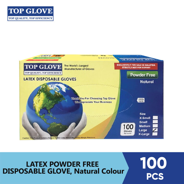 Top Glove Latex Disposable Glove, Powder Free Natural Color (100 Pcs Per Box)