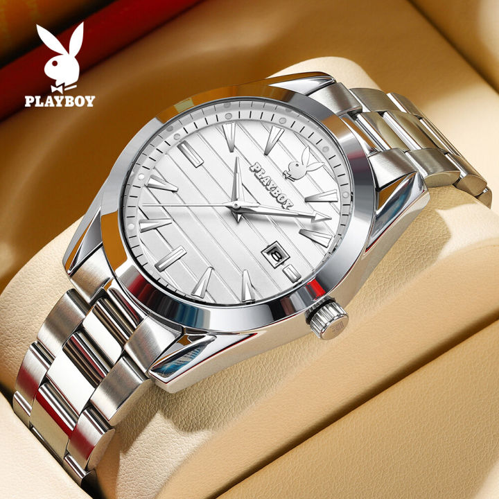 PLAYBOY Men's Watch Waterproof 2023 Latest Luminous Quartz Movement Stainless Steel Strap Calendar Casual Business Style 3301