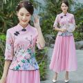 Spring and Summer New Slim Fit Republic of China Style Retro Girl Half Sleeve Top Style Chinese Dress Cheongsam Two-Piece Suit Tea Clothes. 