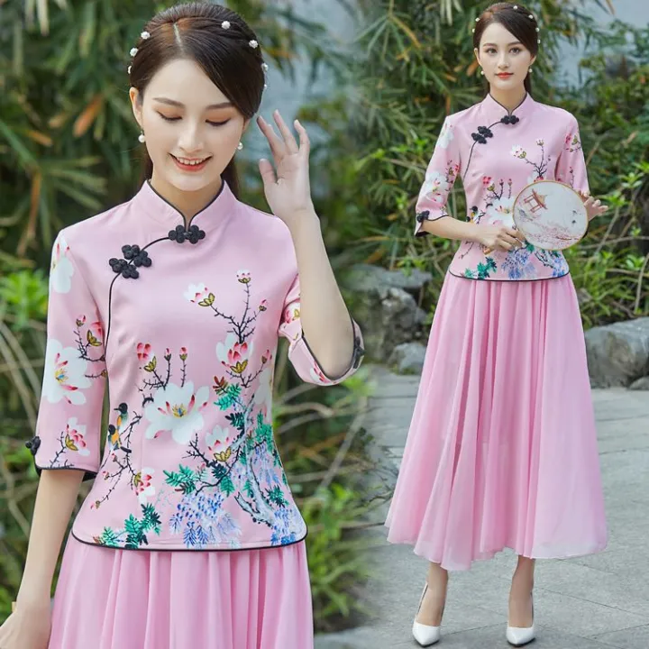 Spring%20and%20Summer%20New%20Slim%20Fit%20Republic%20of%20China%20Style%20Retro%20Girl%20Half%20Sleeve%20Top%20Style%20Chinese%20Dress%20Cheongsam%20Two-Piece%20Suit%20Tea%20Clothes%20-%20Image%204