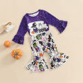Toddler Girl Halloween Outfits, Cartoon Pattern Long Sleeve Ruffles Decor T-Shirt + Elastic Waist Flare Long Pants Set. 