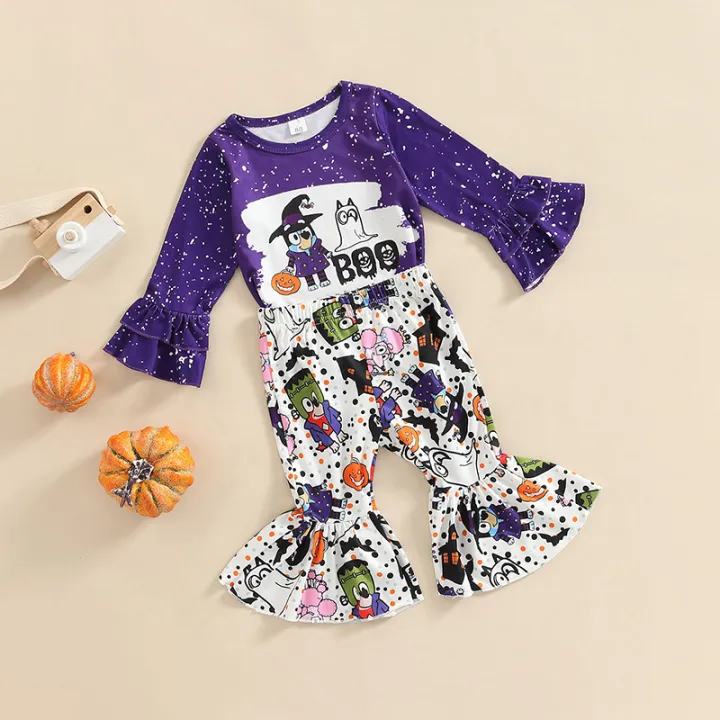 Toddler%20Girl%20Halloween%20Outfits,%20Cartoon%20Pattern%20Long%20Sleeve%20Ruffles%20Decor%20T-Shirt%20+%20Elastic%20Waist%20Flare%20Long%20Pants%20Set%20-%20Image%204