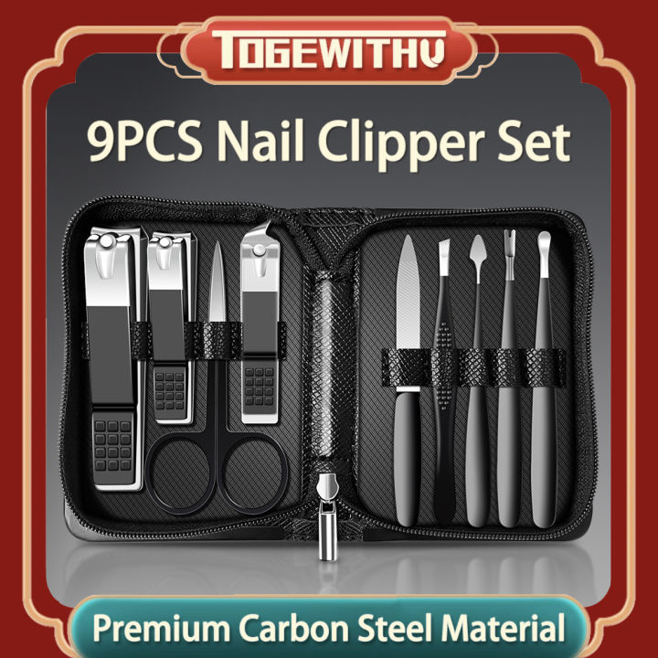 Manicure Set, 9 PCS Nail Clipper Kit Slant Edge Fingernail Toenail Clippers Nail Care Tools with Leather Travel Case Ideal Gift for Men and Women