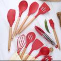 12 pieces Non-Stick Red Silicone Kitchen Cooking Utensils Tools Set with Wooden Handle. 