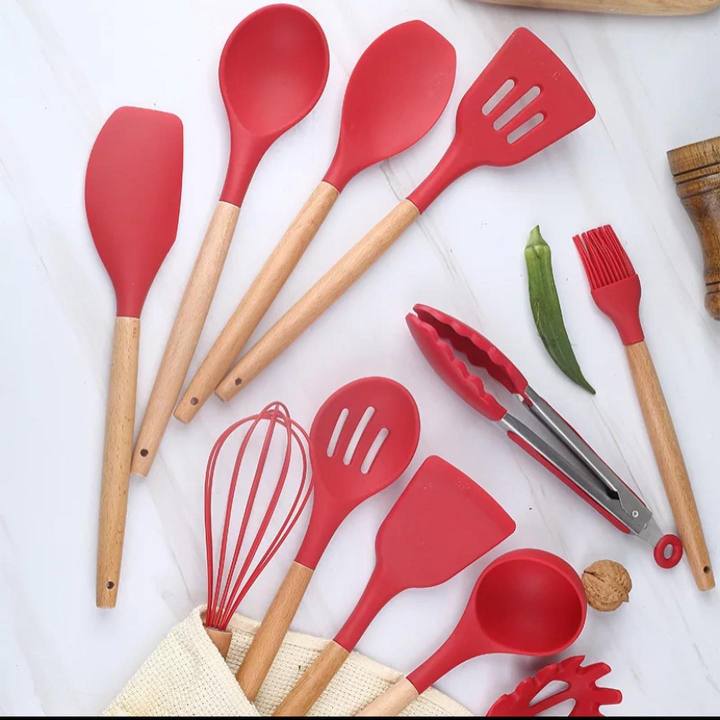 12 pieces Non-Stick Red Silicone Kitchen Cooking Utensils Tools Set with Wooden Handle
