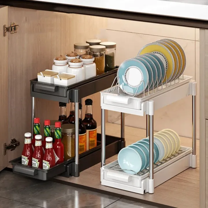 Kitchen Pull-out Dish Rack Drawer Drying Tableware Holder Rack Sink ...