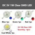 4 pcs of 3V 1W SMD Clear LED Blue Red Green White. 