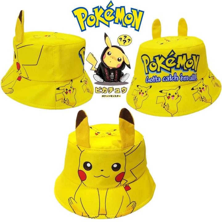 MengshanHigh Quality Pokemon cartoon character Pikachu sports children's fisherman hat cute print pot small elves ears shading hat party gift toys