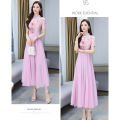 bellylady Women Cotton Chiffon Dress Chinese Style Printing Stand Collar Mid-length Retro Cheongsam Skirt. 