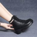 Leather Martin Boots Women's Fleece-Lined Mid Heel2023Winter New Platform Single-Layer Boots Women's Shoes Thick Heel with British Style Ankle Boots. 