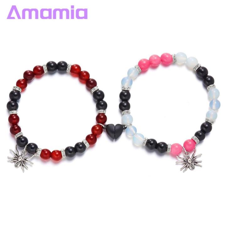 Heart-shaped Couple Bracelet Spider Heart Magnetic Couple Bracelet Colorful Beads Jewelry Gift for Halloween less Than