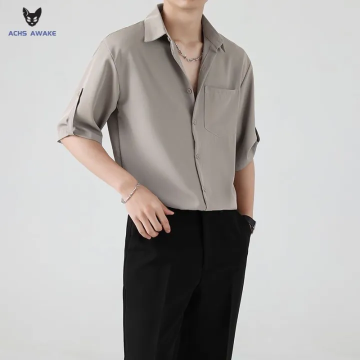 ACHS%20AWAKE%20Short-Sleeved%20Shirt%20Men's%20Spring%20and%20Summer%20Ruoshuai%20High-Grade%20Korean%20Style%20Trendy%20Casual%20Ice%20Silk%203/4%20Sleeve%20Shirt%20-%20Image%205