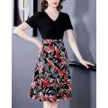 Women Cotton V Neck High Waist Midi Skirt Sweet Floral Printing Dress Summer Short Sleeves Fake Two Piece A-line Skirt. 