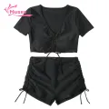 Muses Mall V-neck Swimsuit 2pcs Women's Summer Bikini Set V-neck Short S ve Tops High Waist Drawstring Swimming Trunks Quick Dry Swimsuit Solid Color. 