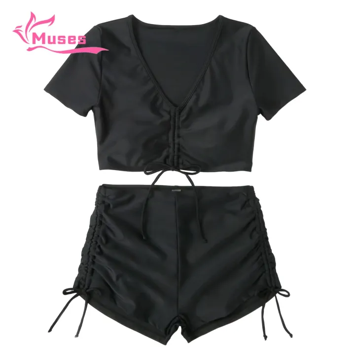 Muses Mall V-neck Swimsuit 2pcs Women's Summer Bikini Set V-neck Short S ve Tops High Waist Drawstring Swimming Trunks Quick Dry Swimsuit Solid Color