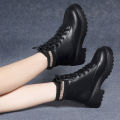 Leather Martin Boots Women's Fleece-Lined Mid Heel2023Winter New Platform Single-Layer Boots Women's Shoes Thick Heel with British Style Ankle Boots. 