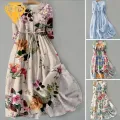 Bohemian Style Dress Bohemian Floral Print Midi Dress with Lace-up Detail Women's Spring A-line Dress for High Waist Fashion Style Summer Midi Dress. 