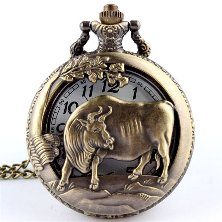 Dropshipping Bronze Cow OX Hollow Quartz Pocket Watch Necklace Pendant Chinese Zodiac 12 Carving Womens Men GIft