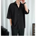 Ice Silk Shirt Men's Thin Hong Kong Style Ruffle Handsome High-Grade Draping Long Sleeve Jacket Loose Half Short Sleeve Pure Color All-Matching Shirt. 