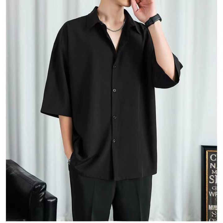 Ice%20Silk%20Shirt%20Men's%20Thin%20Hong%20Kong%20Style%20Ruffle%20Handsome%20High-Grade%20Draping%20Long%20Sleeve%20Jacket%20Loose%20Half%20Short%20Sleeve%20Pure%20Color%20All-Matching%20Shirt%20-%20Image%206