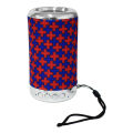 2″ Bluetooth speaker with portable flashlight in fabric finish. 