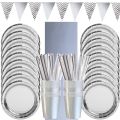 Silver Birthday Party Decor Disposable Tableware Set Rose Gold Paper Plates Banner Tablecloth Wedding Baby Shower Party Supplies. 