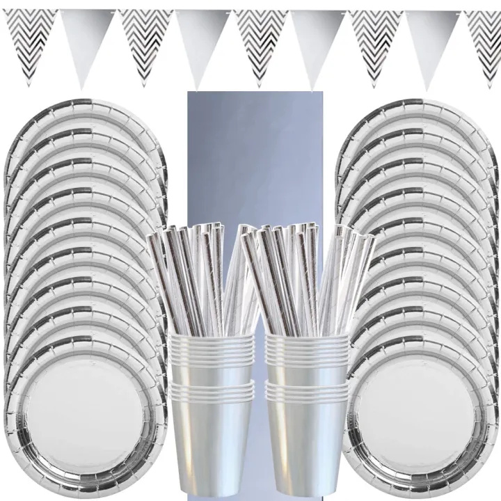 Silver Birthday Party Decor Disposable Tableware Set Rose Gold Paper Plates Banner Tablecloth Wedding Baby Shower Party Supplies