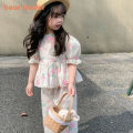 New Korean Version Baby Clothing Girls Suit Floral Short-sleeved Bubble Sleeve Shirt + Wide-legged Pants 2Pcs Sets Outfits for Kids Clothes. 