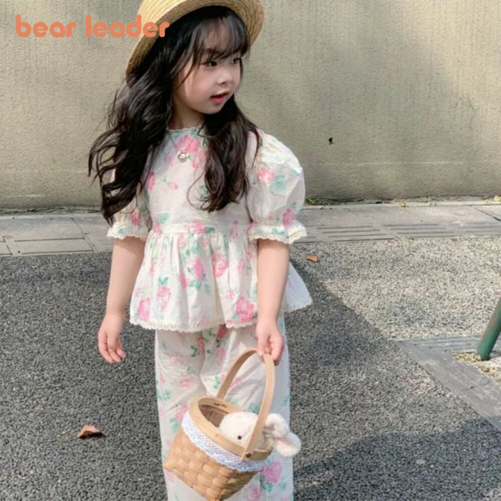 New Korean Version Baby Clothing Girls Suit Floral Short-sleeved Bubble Sleeve Shirt + Wide-legged Pants 2Pcs Sets Outfits for Kids Clothes