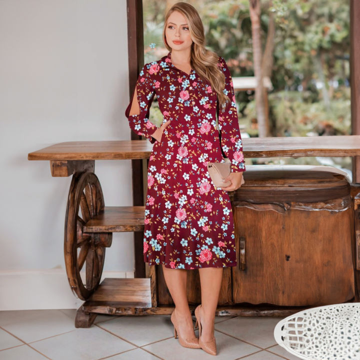 Floral Midi Dress Long Sleeve Lightweight Breathable Casual Summer Outfit