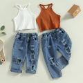 1-6Y Kids Girls Summer Clothes Sets Baby Solid Color Ribbed Sleeveless Vest Tops + Ripped Denim Pants Children Fashion Outfits. 