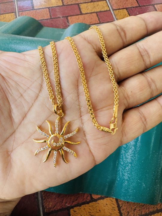 Gold plated 3mm 18/24 Inch Bismark chain with sun design Pendant with stone for women