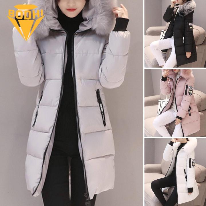Cotton Coat with Faux Fur Collar Stylish Warm Women's Winter Cotton Coat with Hood Pockets Windproof Mid Length Slim Fit Down Jacket Faux Fur Collar Winter Jacket