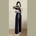 Fashion Suit Women's Summer New Korean Style Loose Salt Wear StripedPoloCollar Top Wide Leg Pants Two-Piece Set. 