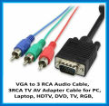 VGA to 3 RCA Audio Cable, 3RCA TV AV Adapter Cable for PC, Laptop, HDTV, DVD, TV, RGB, 1.5M. 