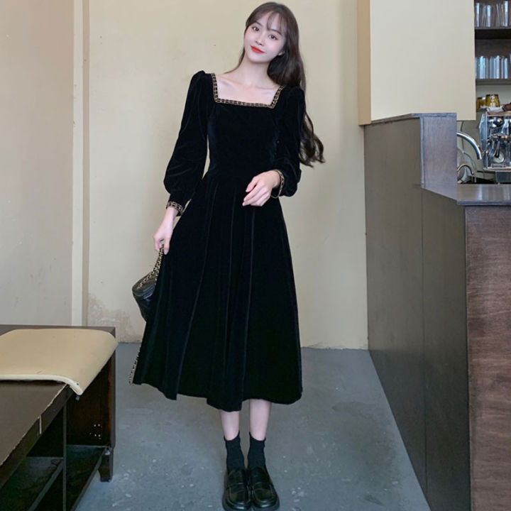 bellylady Women Cotton French Velvet Dress Retro Square Collar Puff Sleeves Simple Solid Color Large Swing Long Sleeves Dress