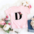 26 Black English Letters ABCD Flower Cartoon Print Children's Round Neck Short Sleeve Boys and Girls Pink T-shirt. 