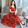 Women Summer Fashion Flower Printing Thin Waist Short Sleeve A-line Long Dress. 