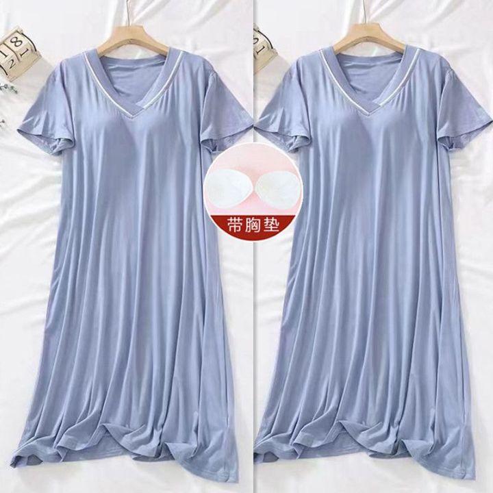 2023New%20Padded%20Nightdress%20Women's%20SummerVCollar%20Thin%20Bra-Free%20Loose%20Large%20Size%20Short%20Sleeve%20Home%20Wear%20-%20Image%202