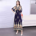【ZIME】Women Bohemian Floral Printed Short Sleeve Long Dress V-neck Party Beach Maxi Dress. 