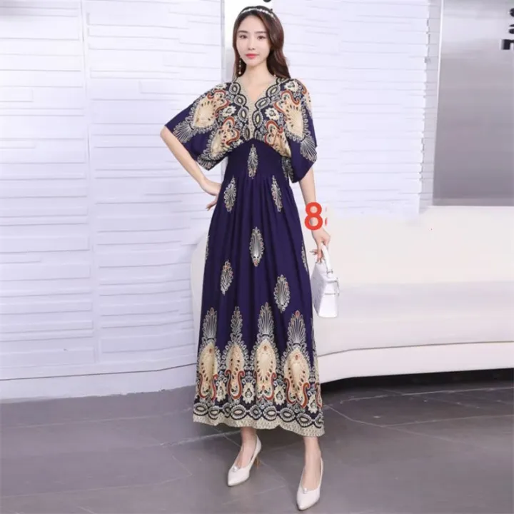 %E3%80%90ZIME%E3%80%91Women%20Bohemian%20Floral%20Printed%20Short%20Sleeve%20Long%20Dress%20V-neck%20Party%20Beach%20Maxi%20Dress%20-%20Image%202