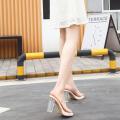 2023Summer New Outdoor Transparent Ankle-Strap High Heel Slippers Women's Platform Crystal Thick Heel Small Size Sandals. 