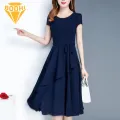Elegant Midi Dress Summer Lace-up A-line Midi Dress for Women Elegant O-neck Short Sleeve Streetwear. 