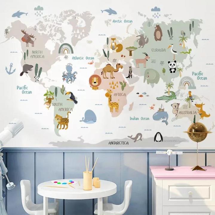 Large World Map Wall Stickers Cartoon Animals Wildlife Watercolor Vinyl ...