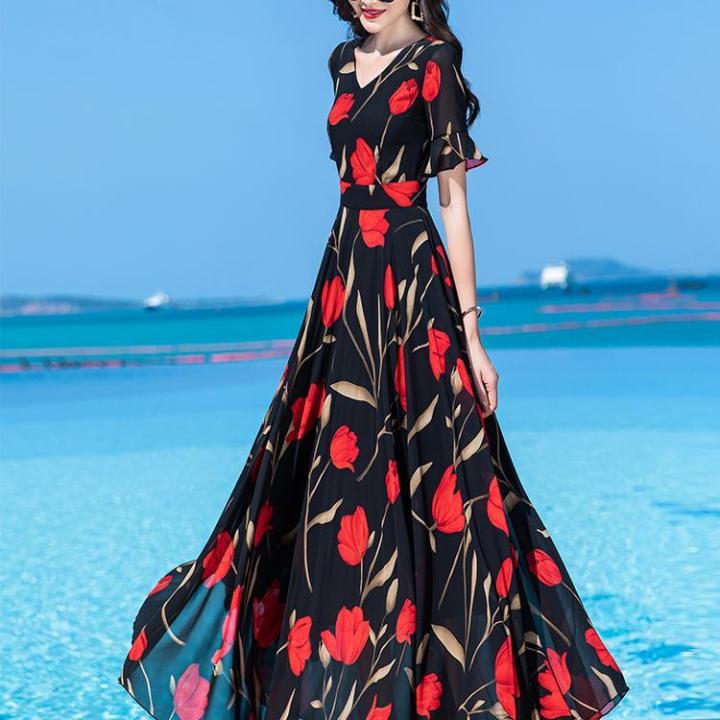 Dress Long Flab Hiding2023Summer New Chiffon Printed Super