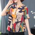 bellylady Women Cotton Summer Stand Collar Blouse Retro Printing Short Sleeves Shirt Plus Size Loose Casual Tops. 