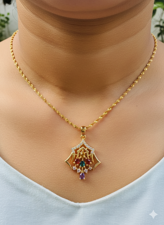 Gold%20plated%202%20mm%2018/24%20Inch's%20KERALI%20chain%20with%20Spider%20design%20multi%20stone%20Pendant%20for%20women%20and%20Girl%20-%20Image%202