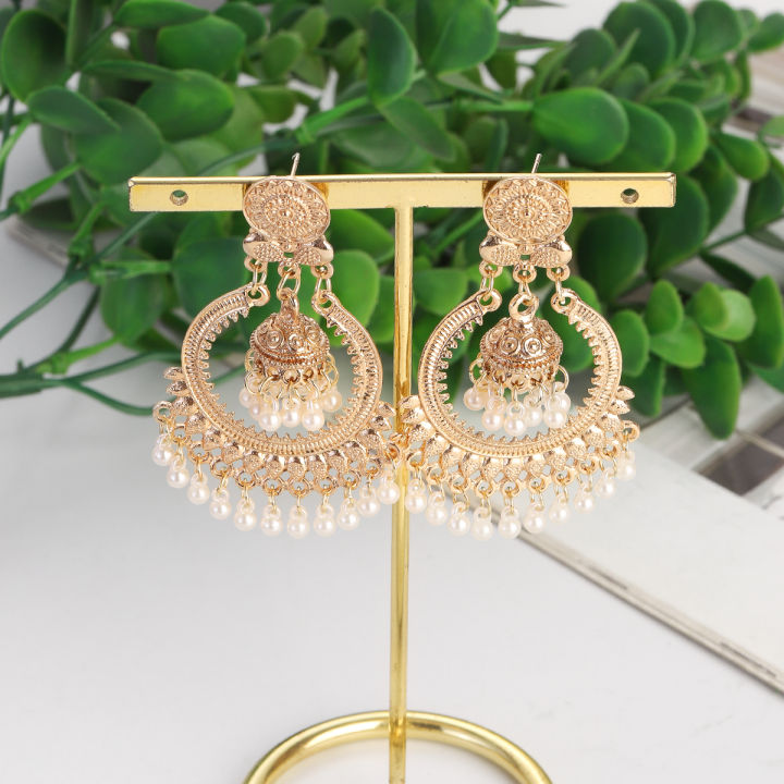 Classic%20Vintage%20Gold%20Color%20Round%20Dangle%20Earrings%20Women's%20Bohemian%20Flower%20Bells%20Pearl%20Tassel%20Earrings%20Jhumka%20Indian%20Jewelry%20-%20Image%204