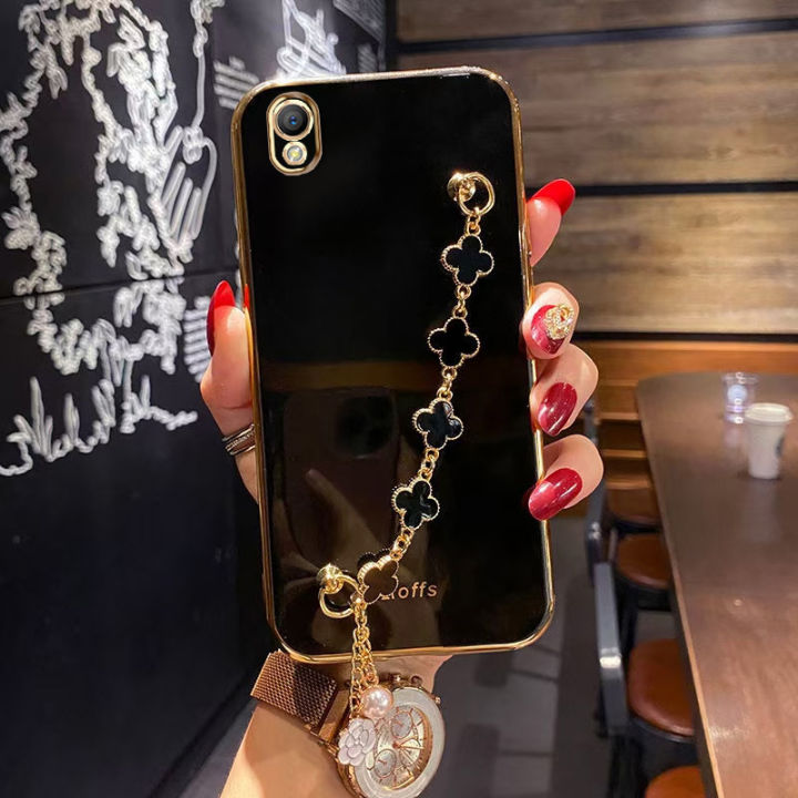 COROGI for OPPO A37 Back Cover with Bracelet Wristband Luxury Clover Chain 6D Plating Frame Shiny Girls Cases Soft Silicone Square Protective Mobile Phone Case